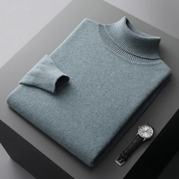 Nuvique Men's Turtleneck Sweater Cashmere Knit Long Sleeve Pullover Blue