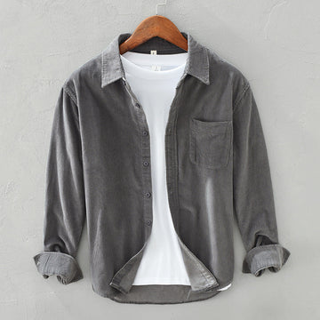 Nuvique Men's Corduroy Shirt Retro Vintage Style Long Sleeve Light Grey