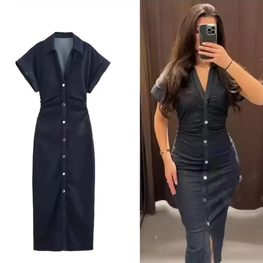 Vestido jeans feminino primavera verão casual vestidos longos para mulheres 2025 nova moda ruched manga curta streetwear midi vestido